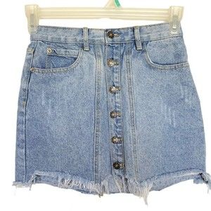 Dahli Denim Skirt Mini Destroyed Frayed  Raw Hemmed Button Recycle Look Size XS